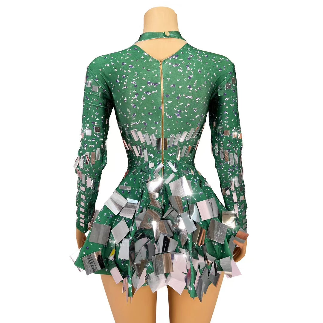 CELESINYI Liangpian Crystal Green Mirror Mini Dress