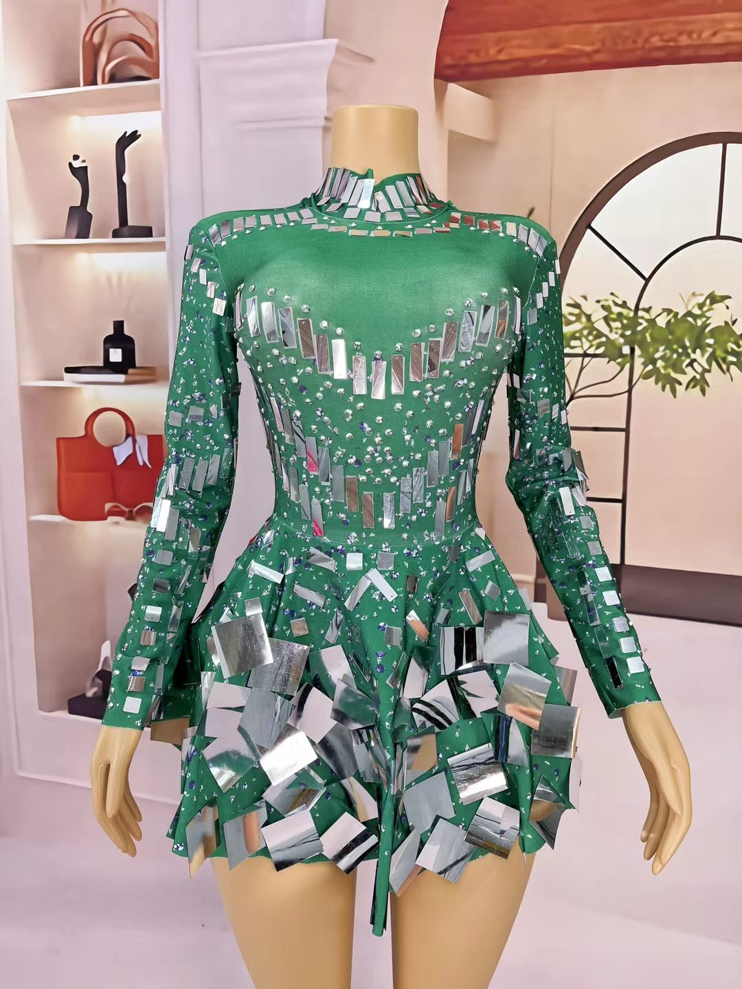 CELESINYI Liangpian Crystal Green Mirror Mini Dress