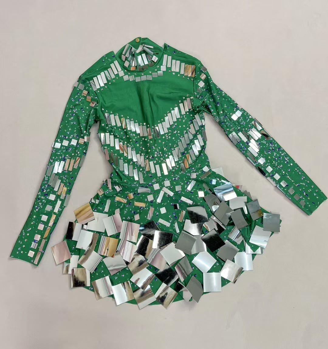 CELESINYI Liangpian Crystal Green Mirror Mini Dress