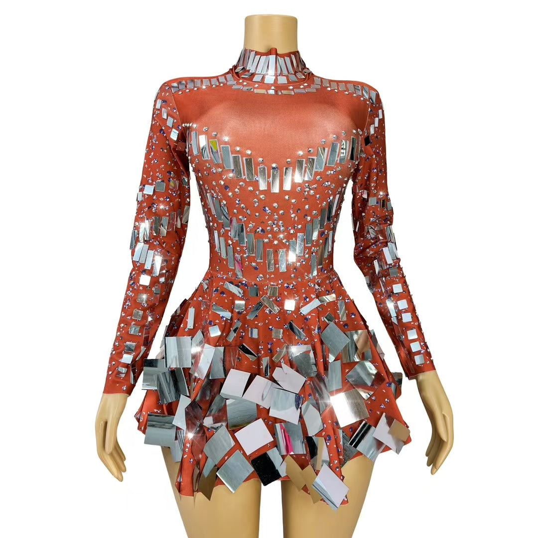 CELESINYI Liangpian Crystal Red Mirror Mini Dress