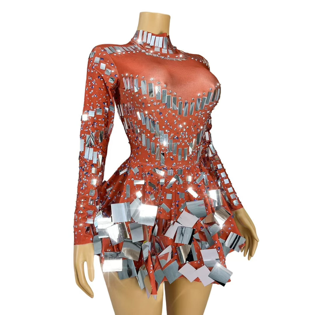 CELESINYI Liangpian Crystal Red Mirror Mini Dress