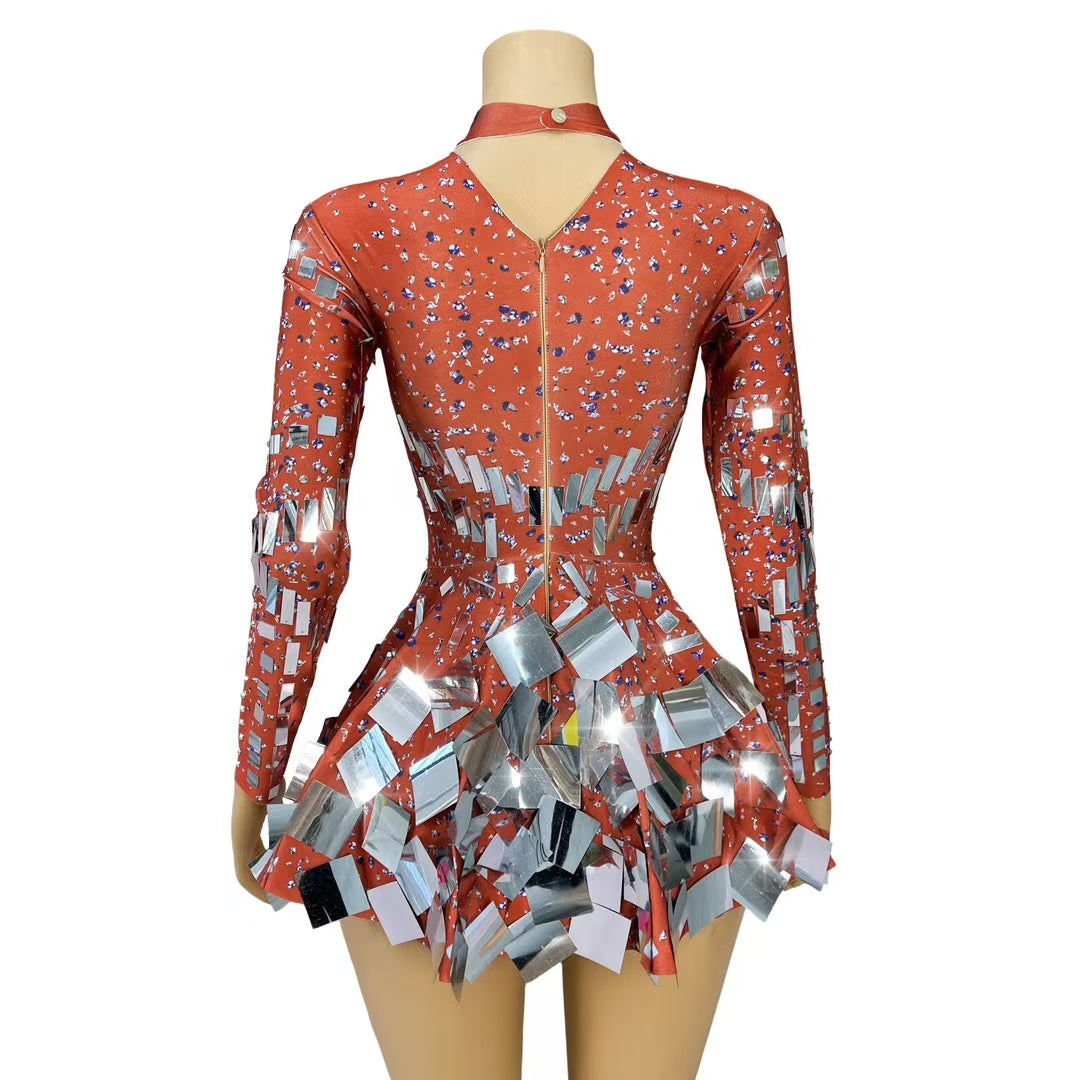 CELESINYI Liangpian Crystal Red Mirror Mini Dress