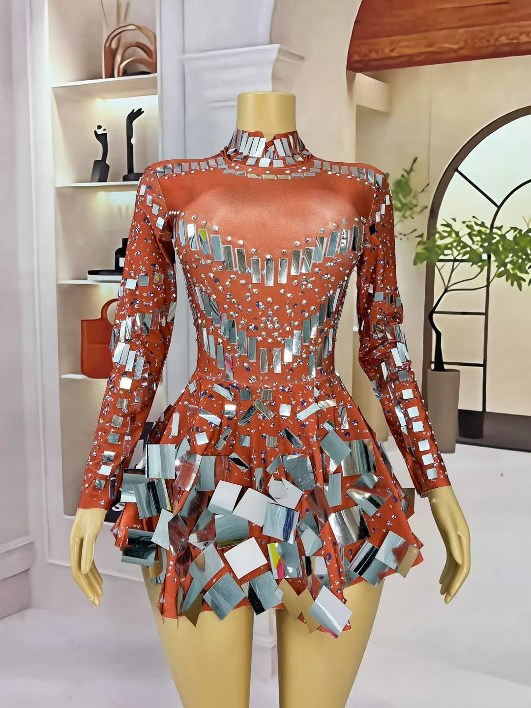 CELESINYI Liangpian Crystal Red Mirror Mini Dress
