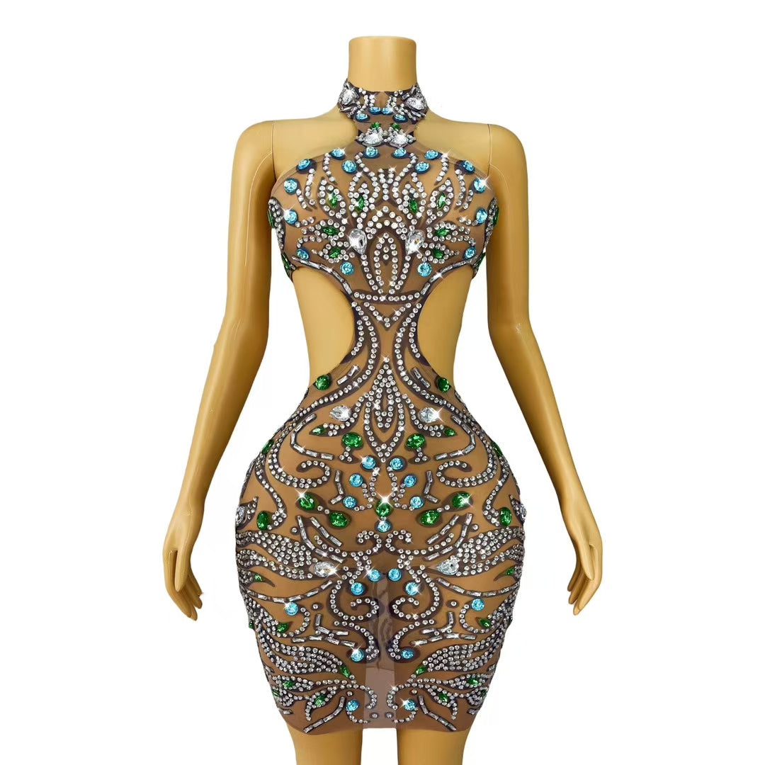 CELESINYI Lanlianhua Crystal Gem Mini Dress