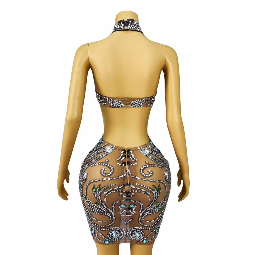 CELESINYI Lanlianhua Crystal Gem Mini Dress