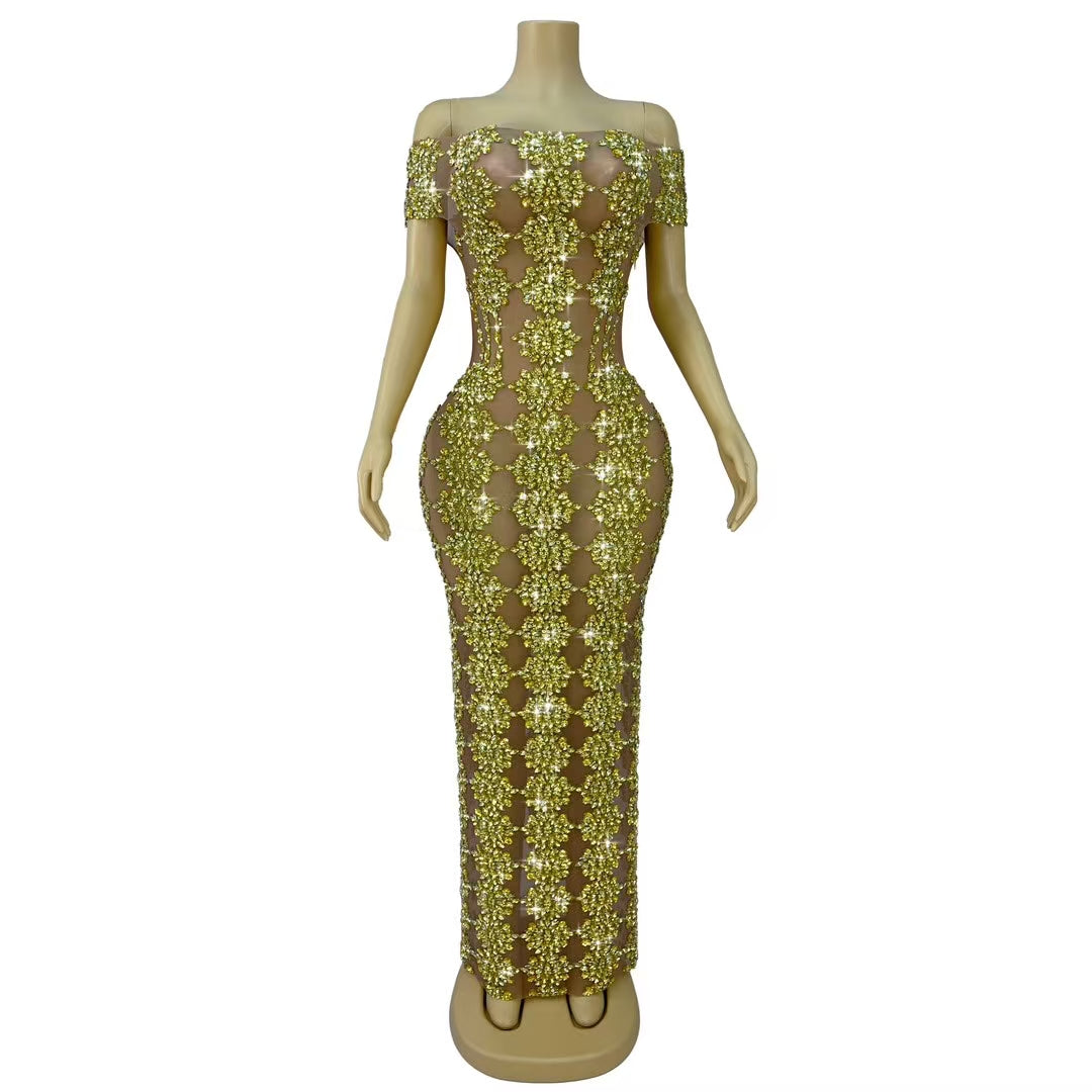 CELESINYI Yuebing Crystal Gold Mermaid Gown