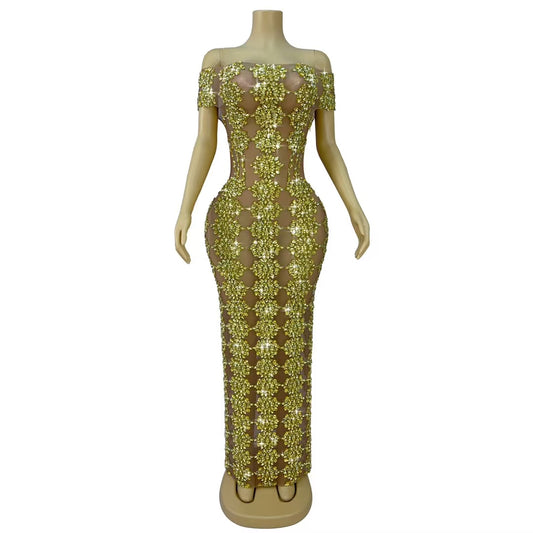 CELESINYI Yuebing Crystal Gold Mermaid Gown