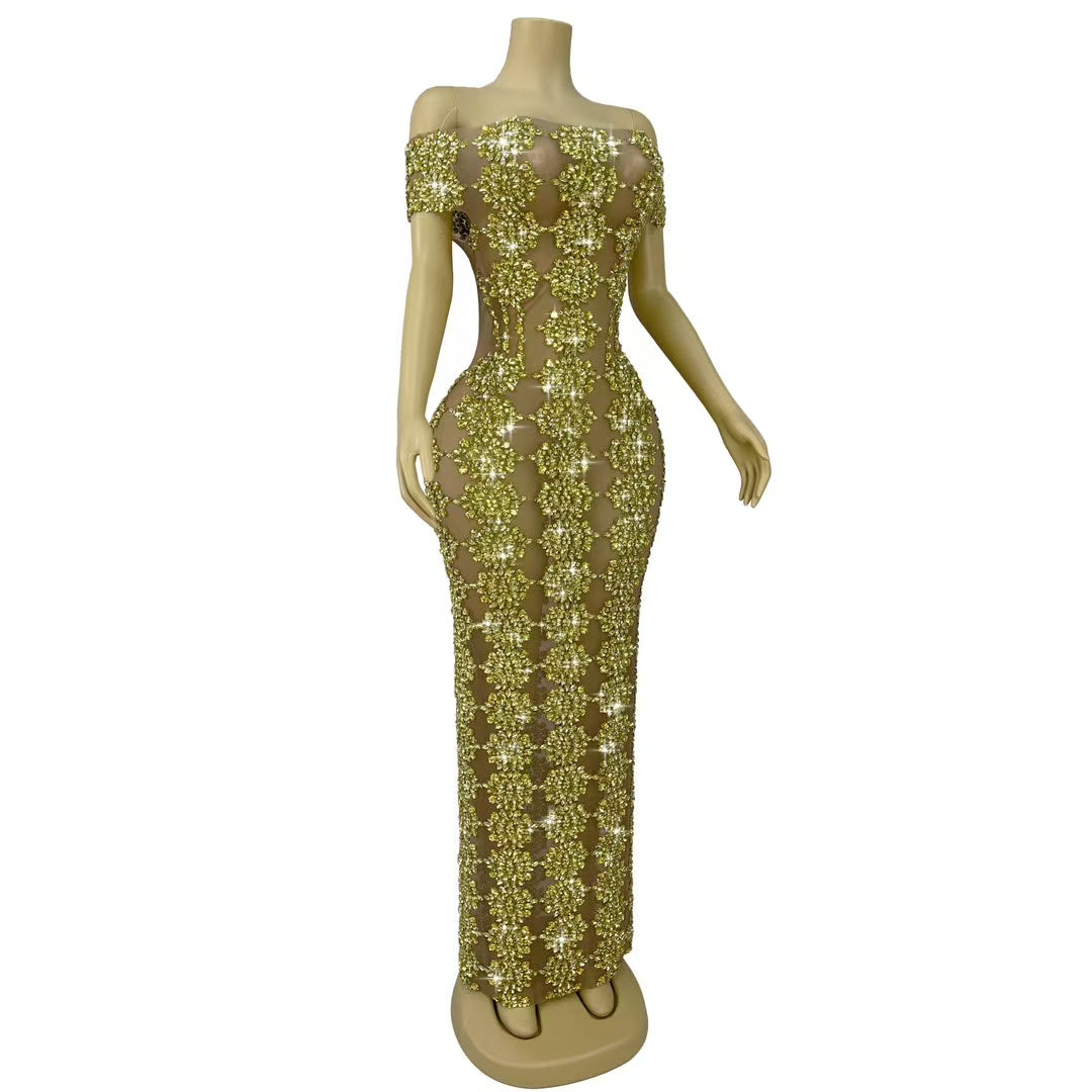 CELESINYI Yuebing Crystal Gold Mermaid Gown