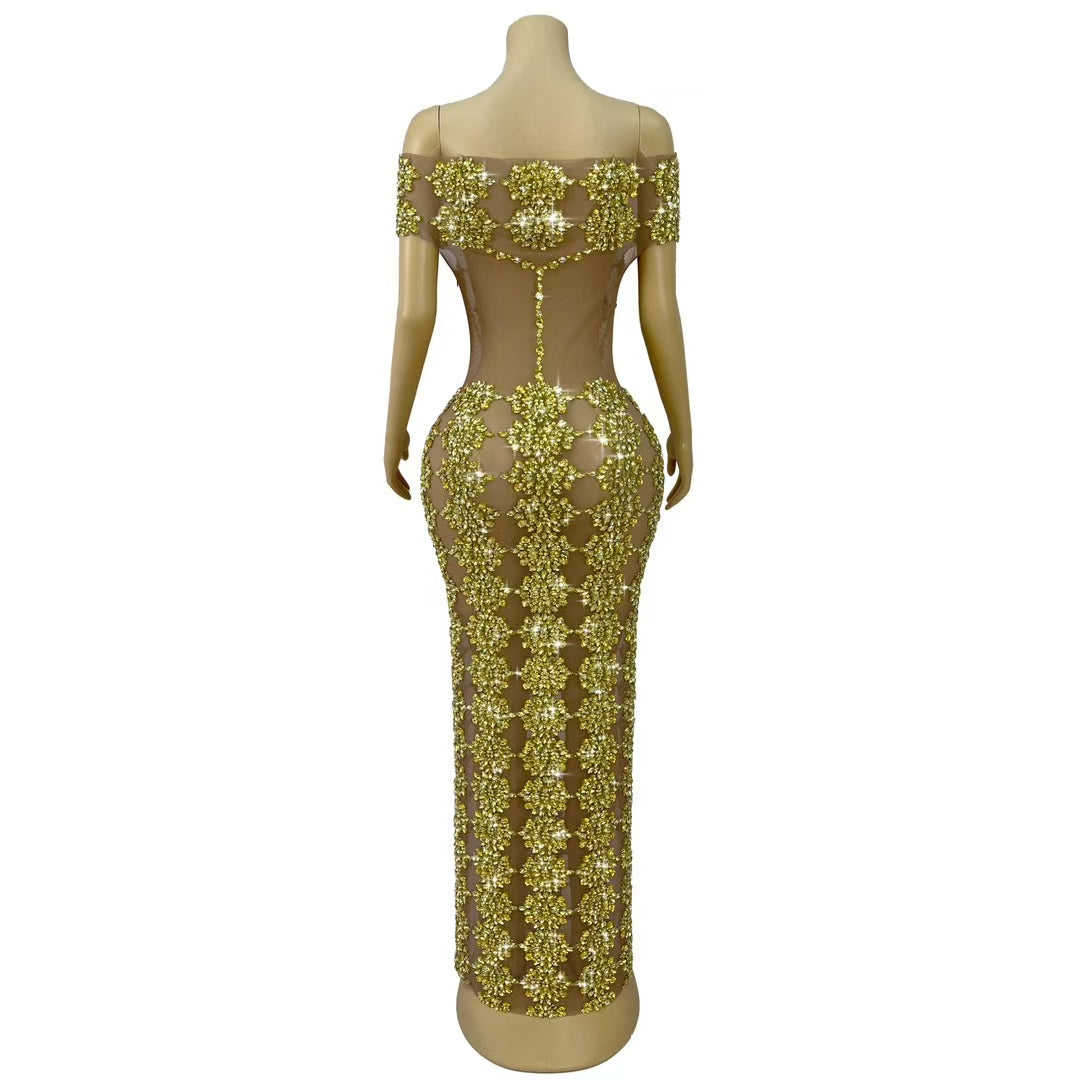 CELESINYI Yuebing Crystal Gold Mermaid Gown