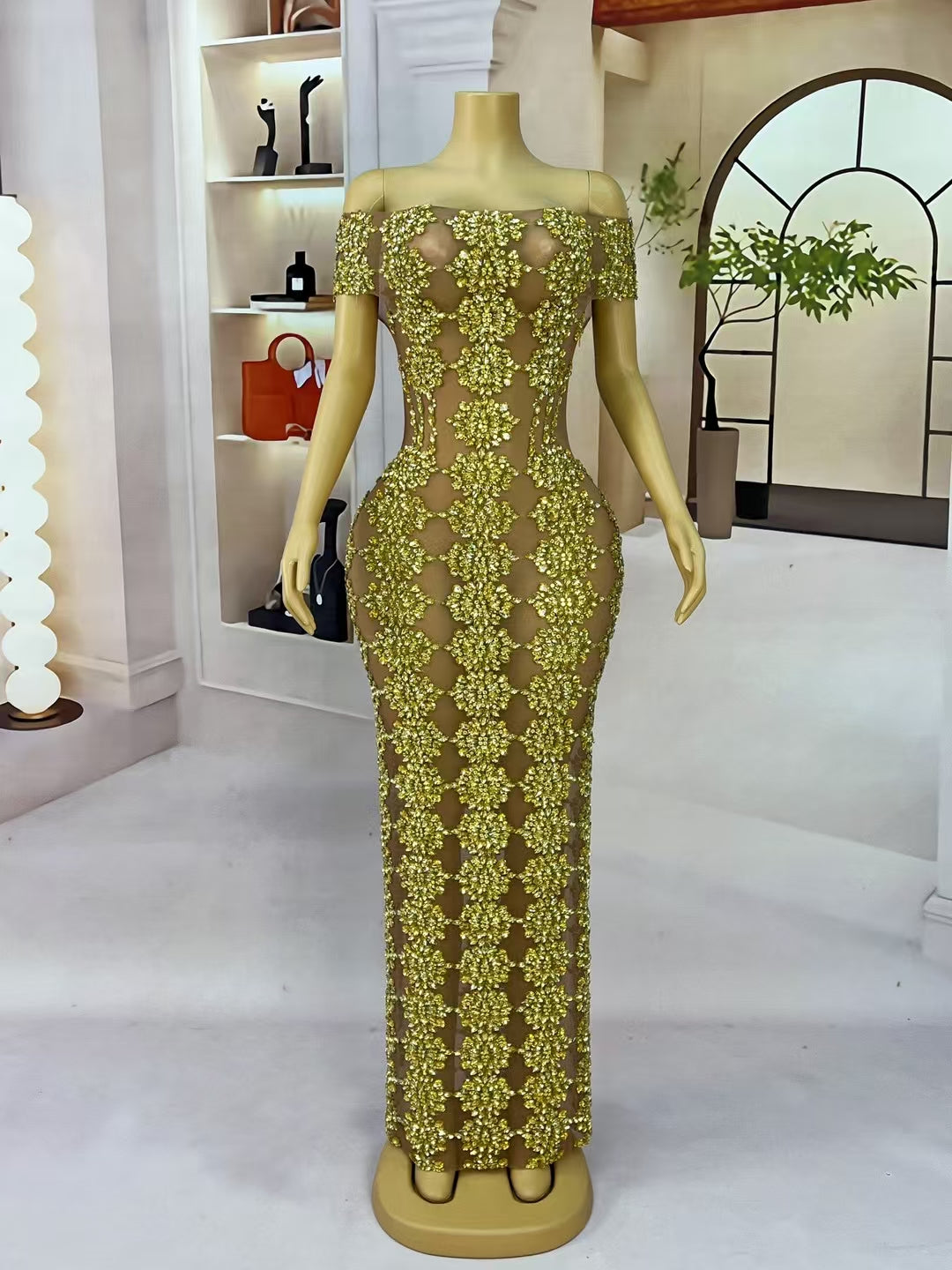 CELESINYI Yuebing Crystal Gold Mermaid Gown