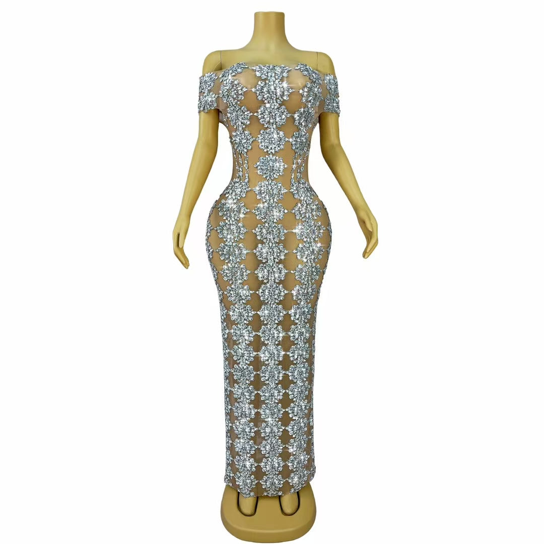 CELESINYI Yuebing Crystal Silver Mermaid Gown