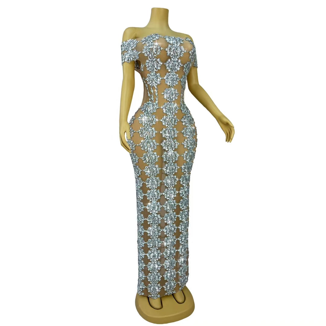 CELESINYI Yuebing Crystal Silver Mermaid Gown