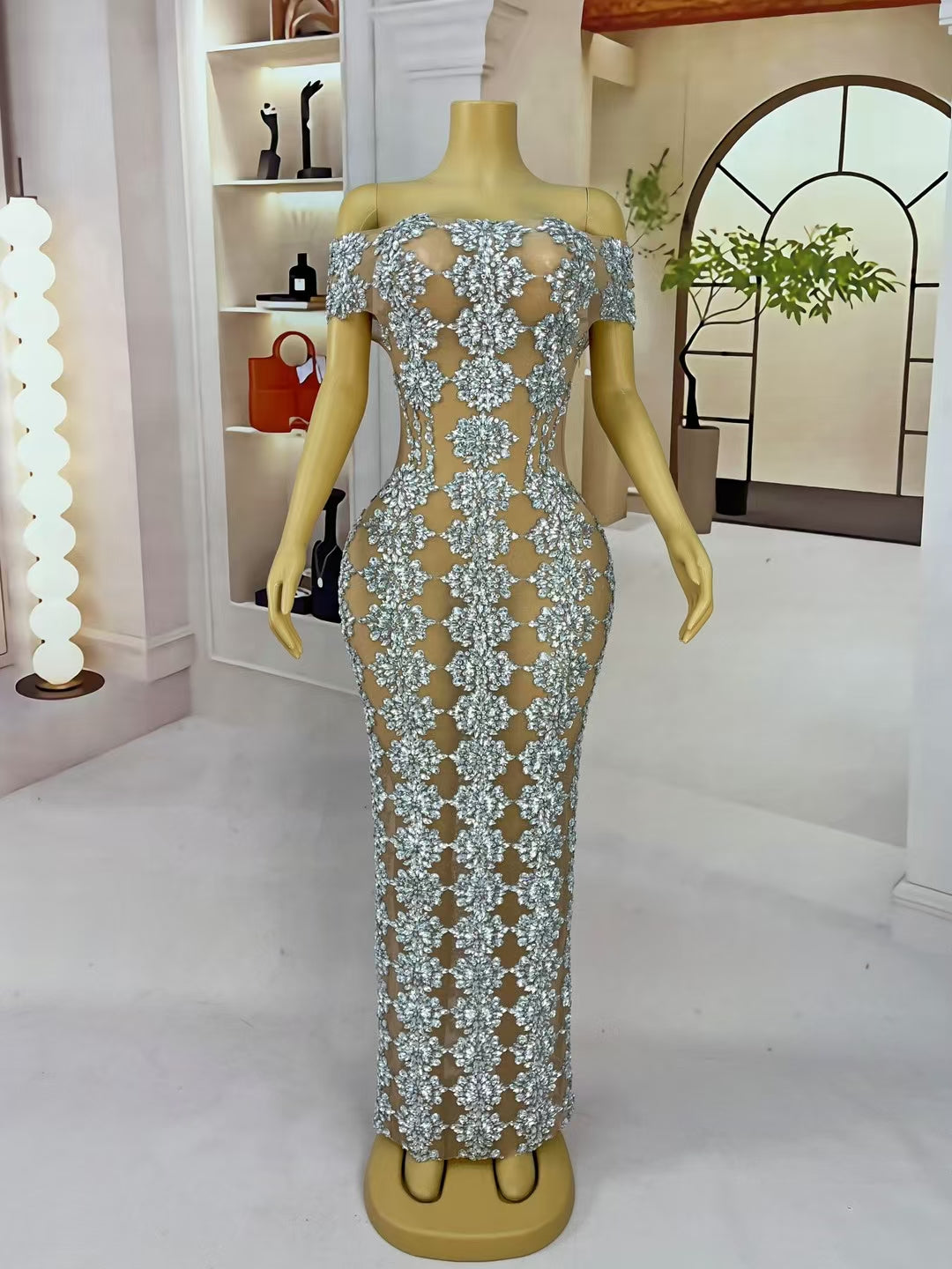 CELESINYI Yuebing Crystal Silver Mermaid Gown