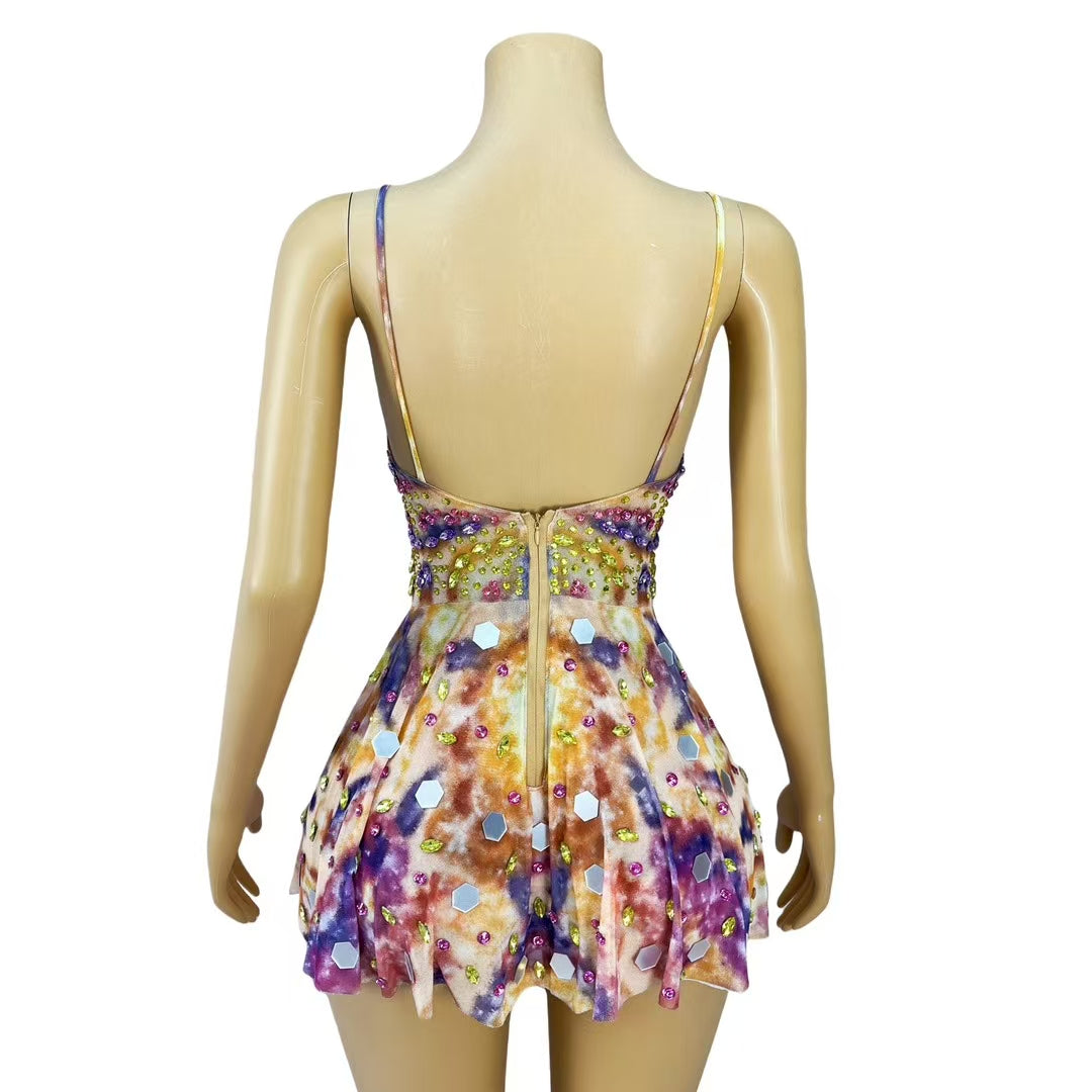 CELESINYI Youlanhua Crystal Tie Dye Mini Dress