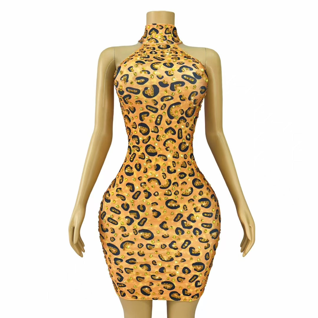 CELESINYI Banwen Crystal Leopard Mini Dress