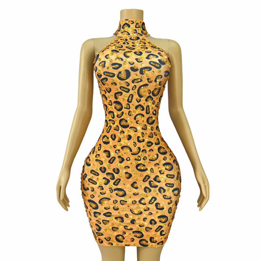 CELESINYI Banwen Crystal Leopard Mini Dress