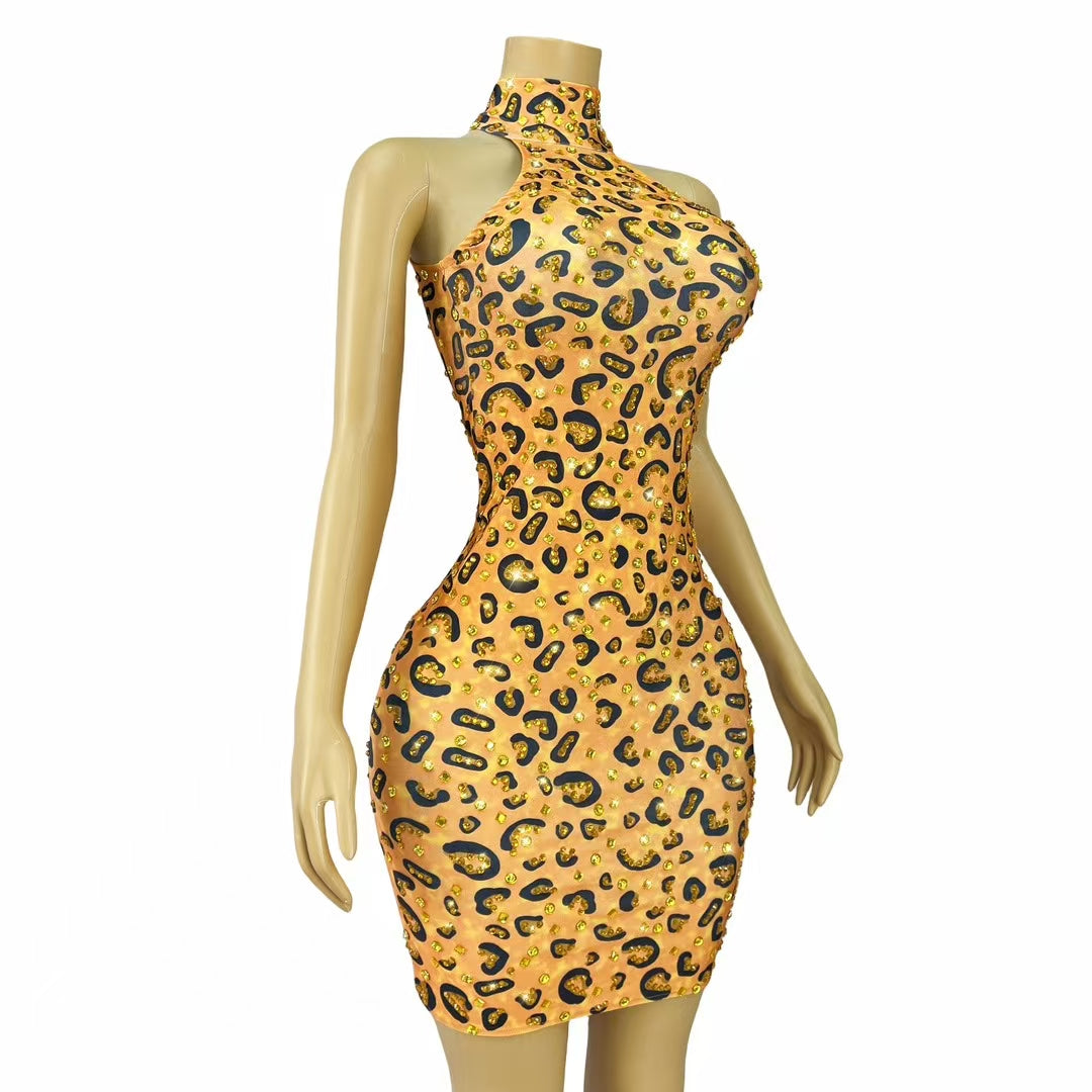 CELESINYI Banwen Crystal Leopard Mini Dress