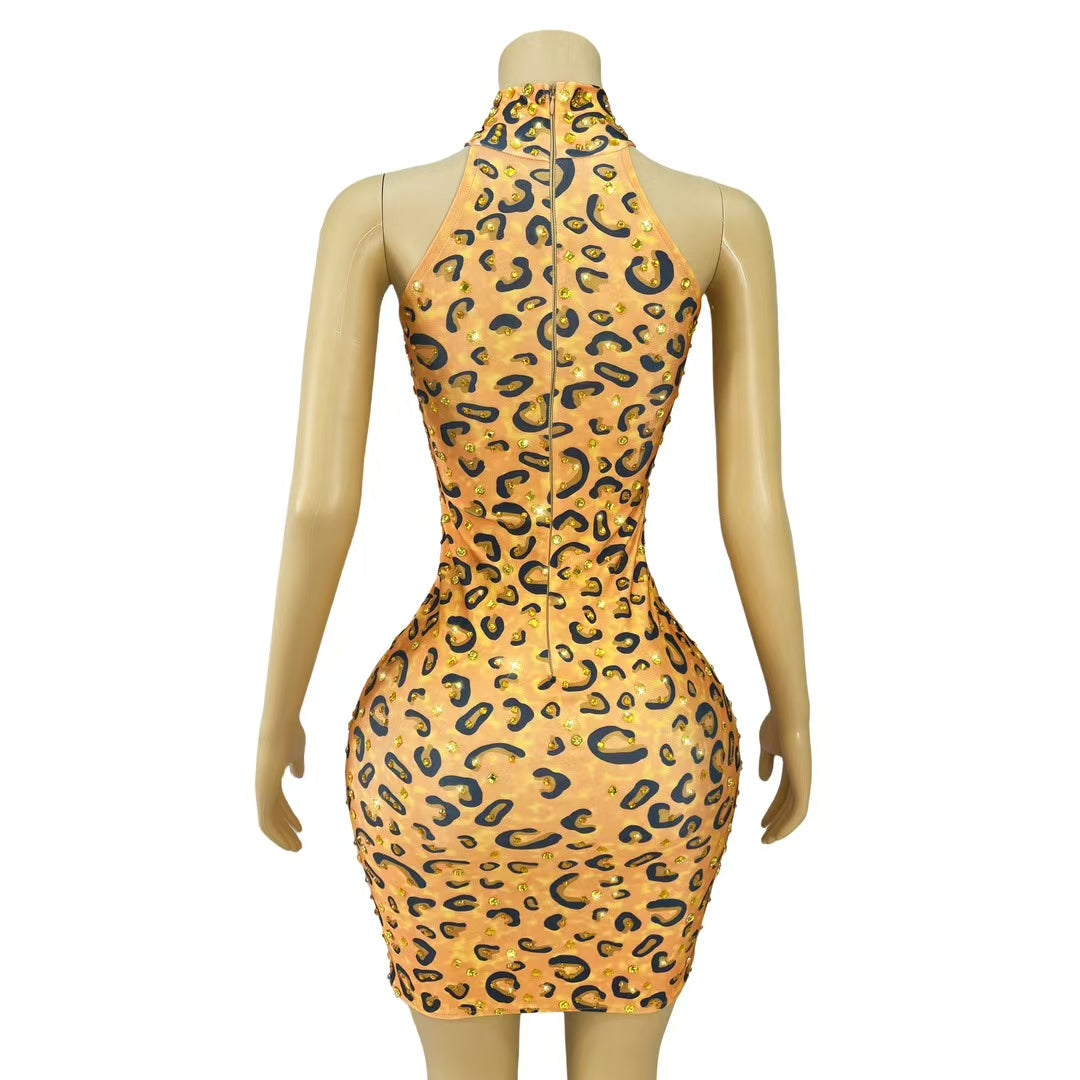 CELESINYI Banwen Crystal Leopard Mini Dress