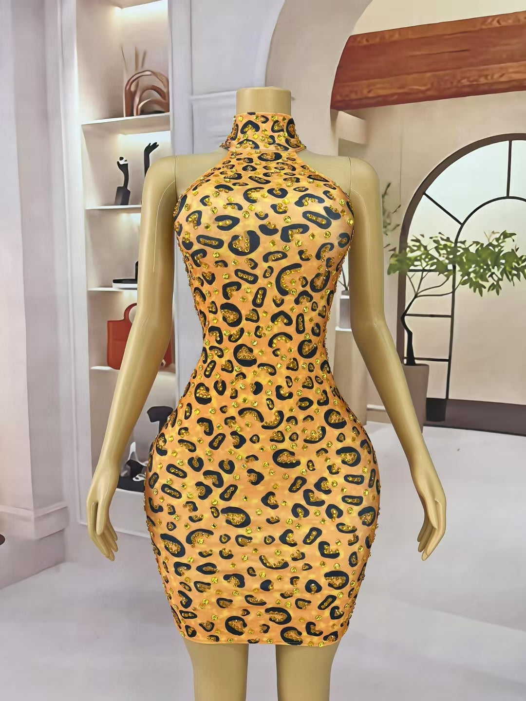 CELESINYI Banwen Crystal Leopard Mini Dress