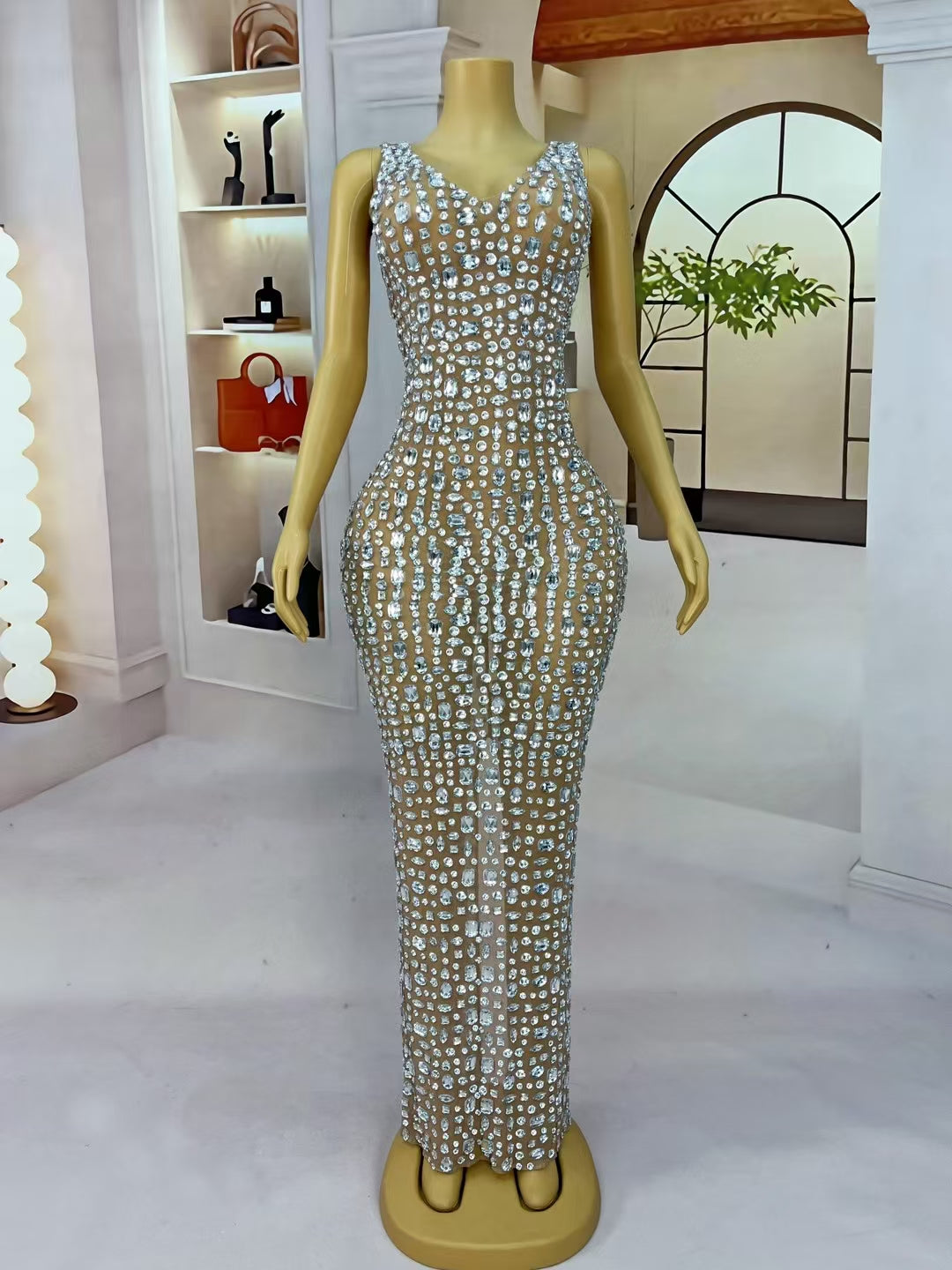 CELESINYI Baidou Crystal Skin Illusion Gown