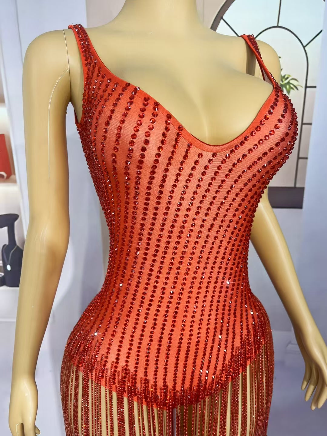 CELESINYI Hongxia Crystal Ruby Mini Dress