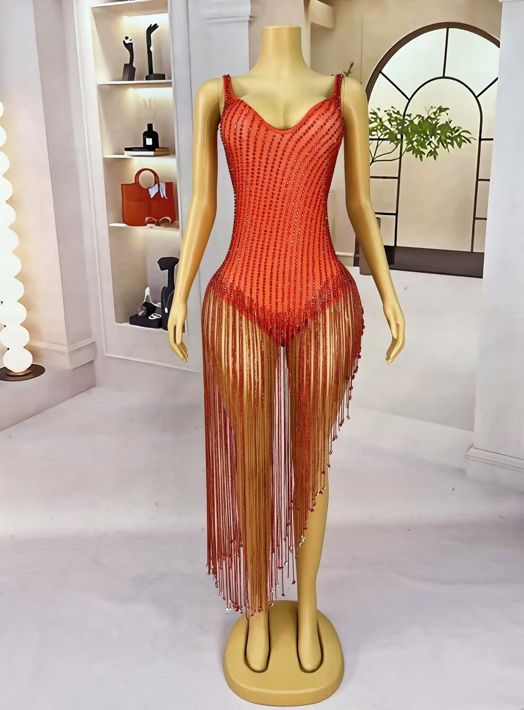 CELESINYI Hongxia Crystal Ruby Mini Dress