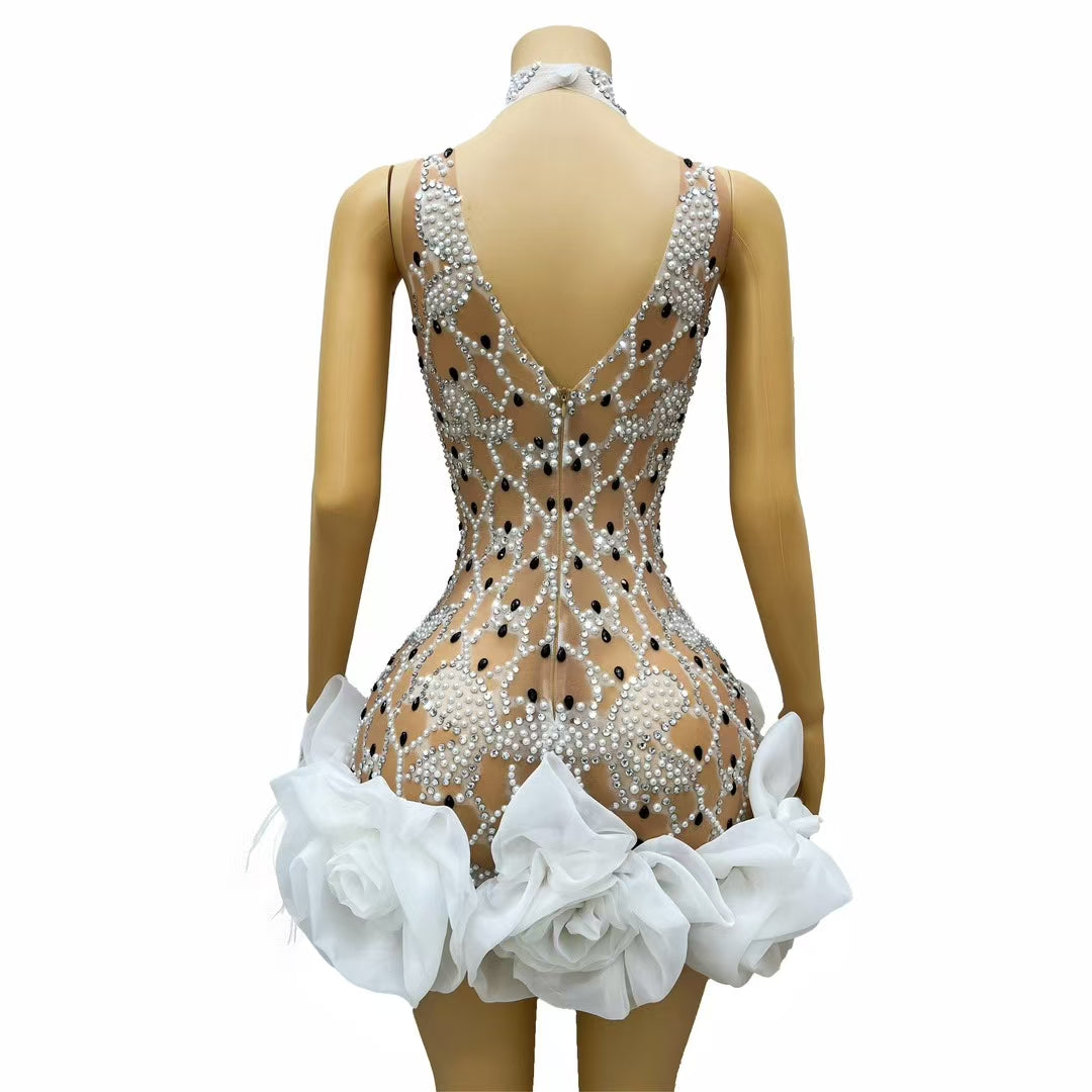 CELESINYI Suizuanhua Crystal White Ostrich Mini Dress