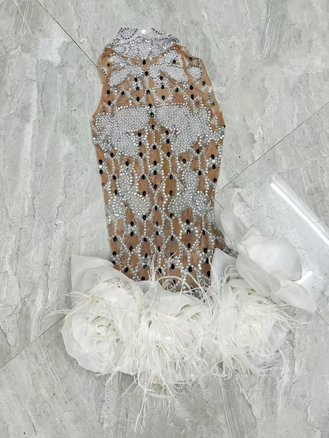 CELESINYI Suizuanhua Crystal White Ostrich Mini Dress