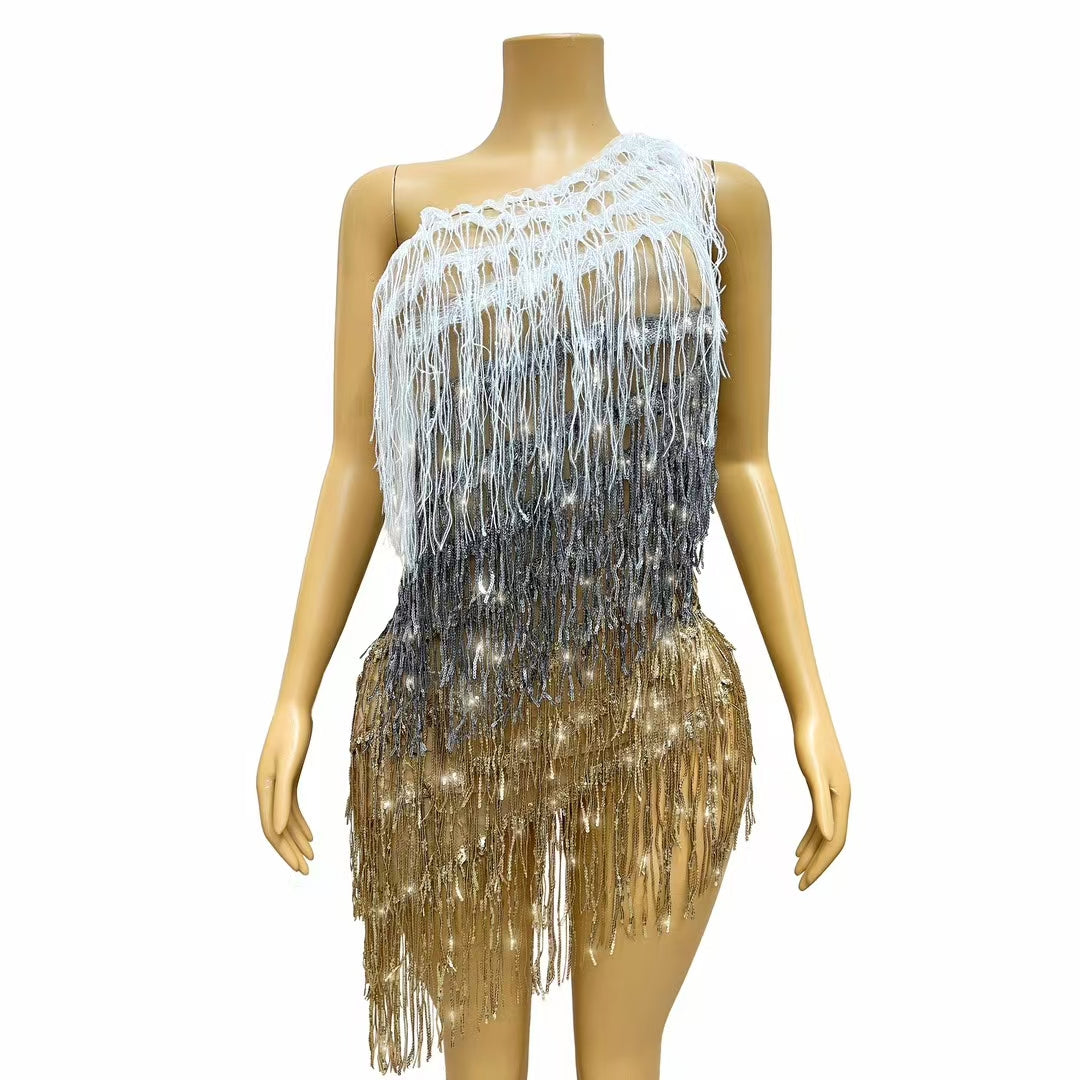 CELESINYI Sanseliusu Crystal Tri Color Fringe Mini Dress