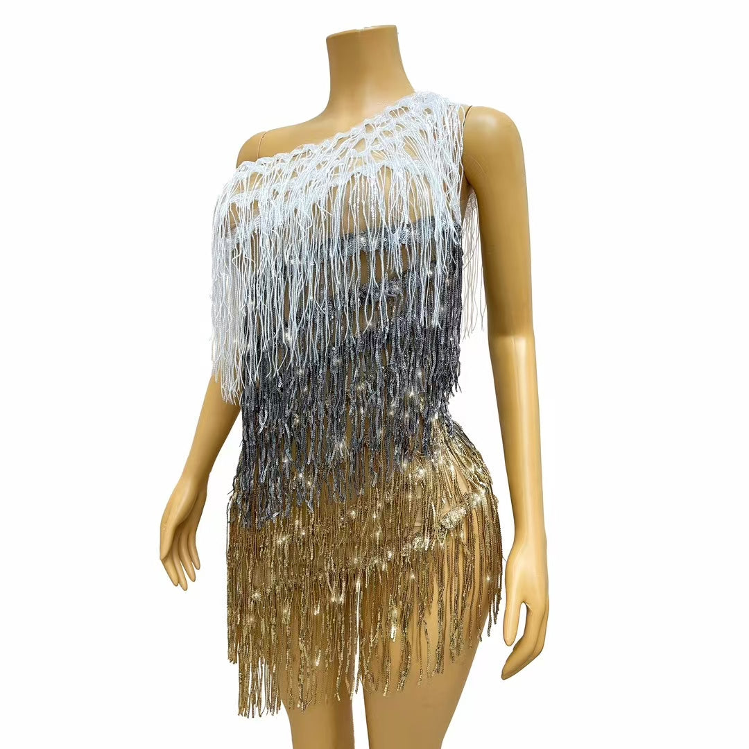 CELESINYI Sanseliusu Crystal Tri Color Fringe Mini Dress