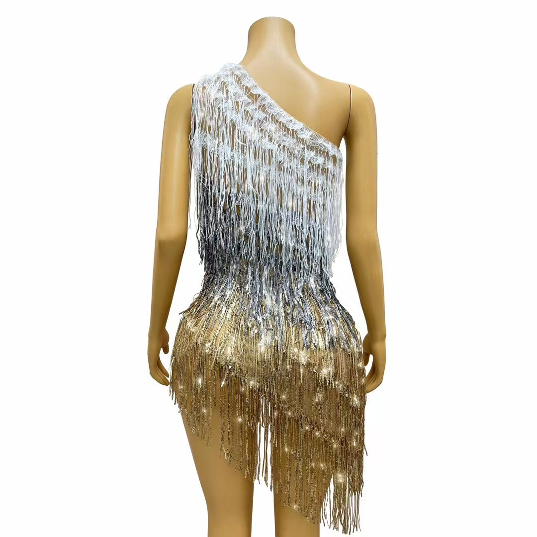 CELESINYI Sanseliusu Crystal Tri Color Fringe Mini Dress
