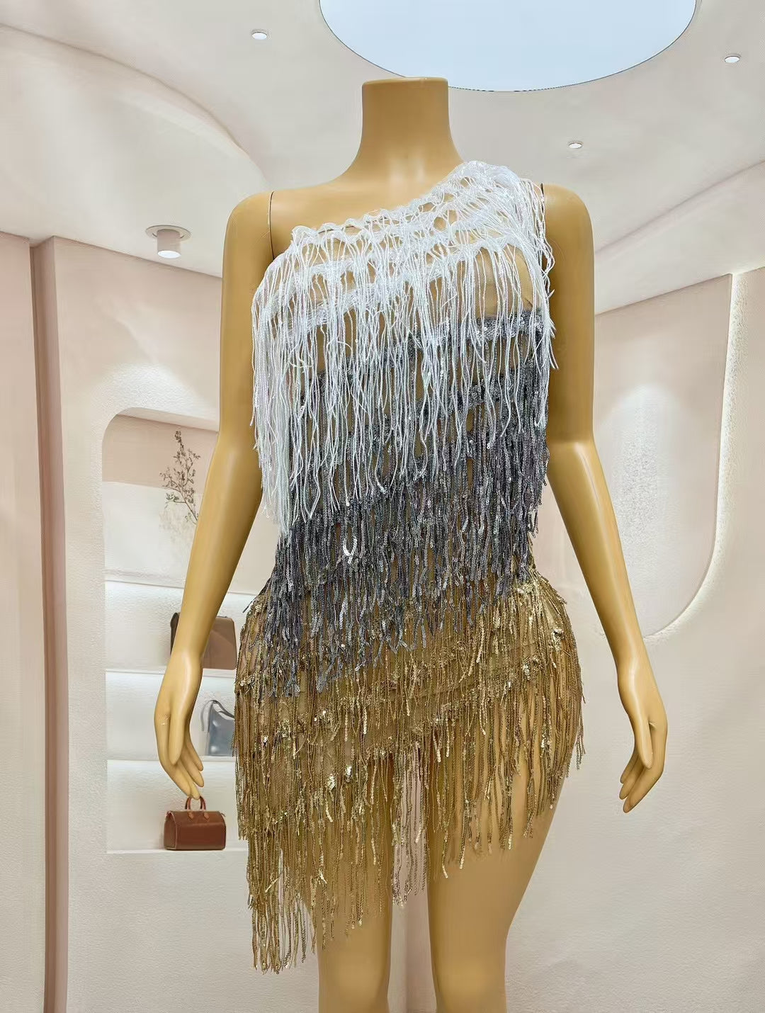 CELESINYI Sanseliusu Crystal Tri Color Fringe Mini Dress