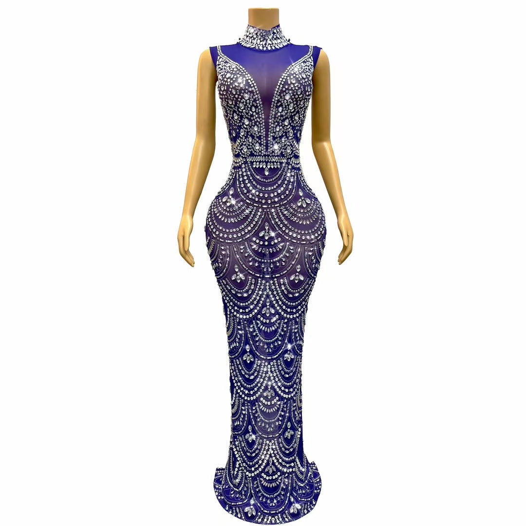 CELESINYI Sanye Crystal Blue Art Deco Gown