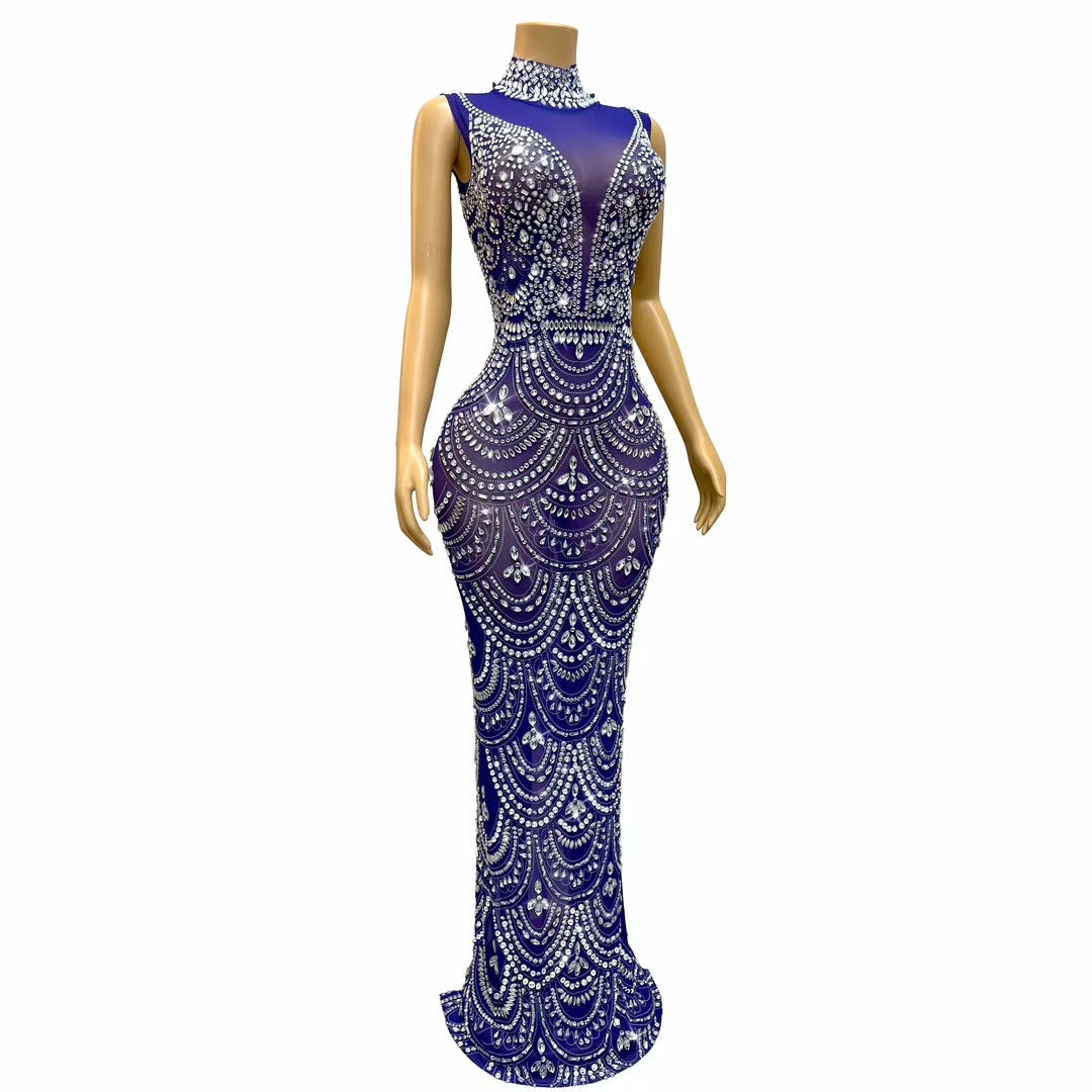 CELESINYI Sanye Crystal Blue Art Deco Gown