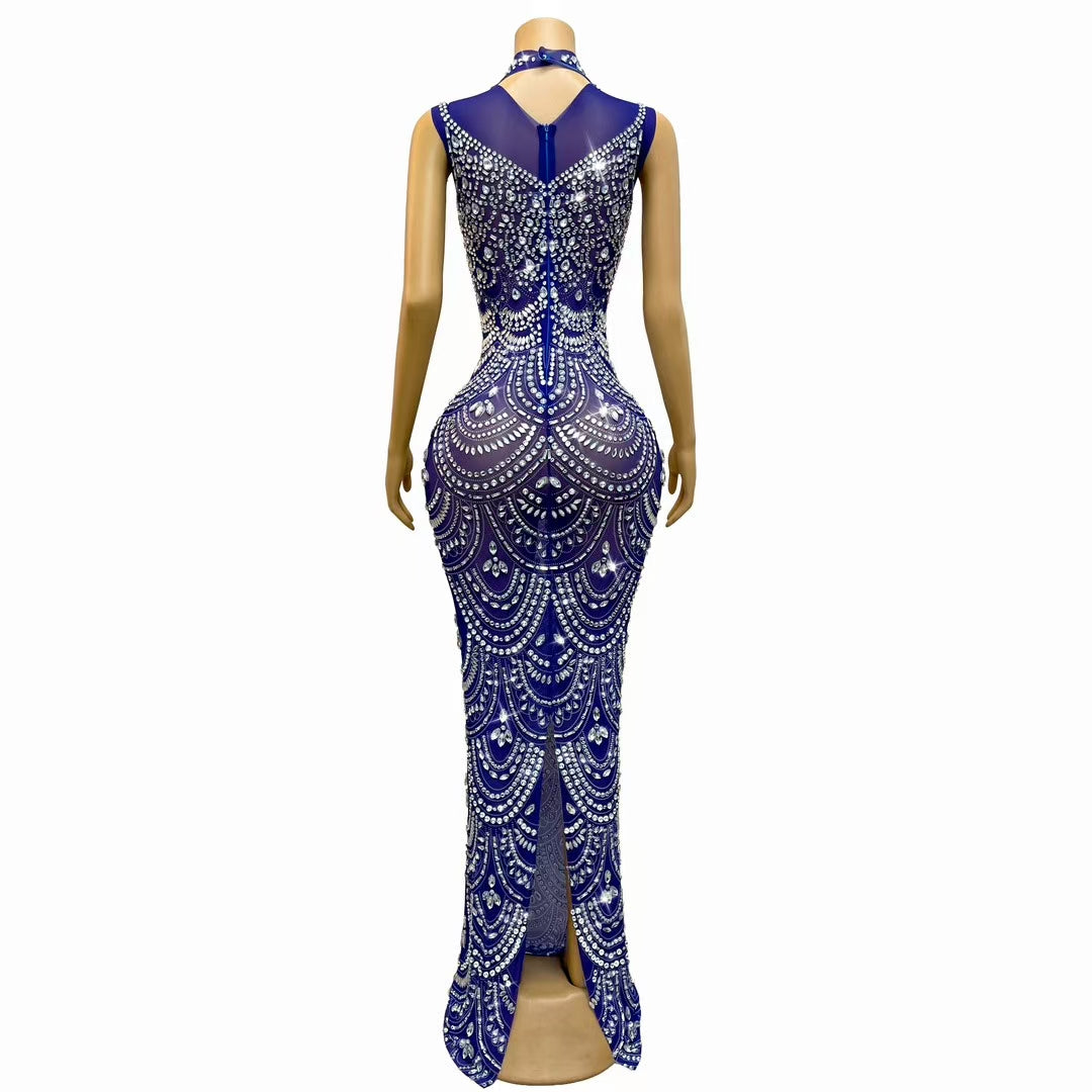 CELESINYI Sanye Crystal Blue Art Deco Gown