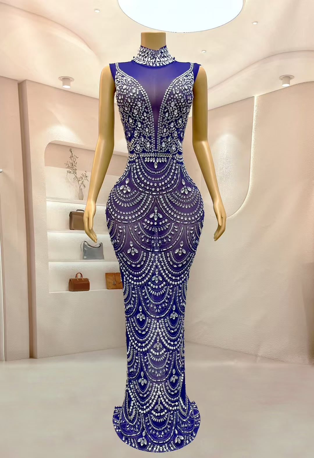 CELESINYI Sanye Crystal Blue Art Deco Gown