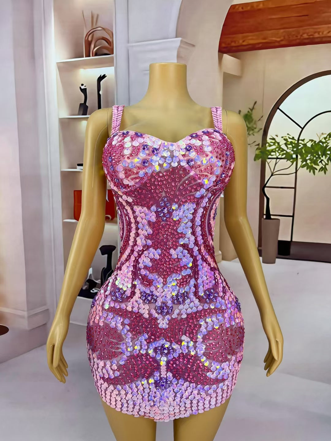 CELESINYI Caihualian Crystal Flower Mini Dress