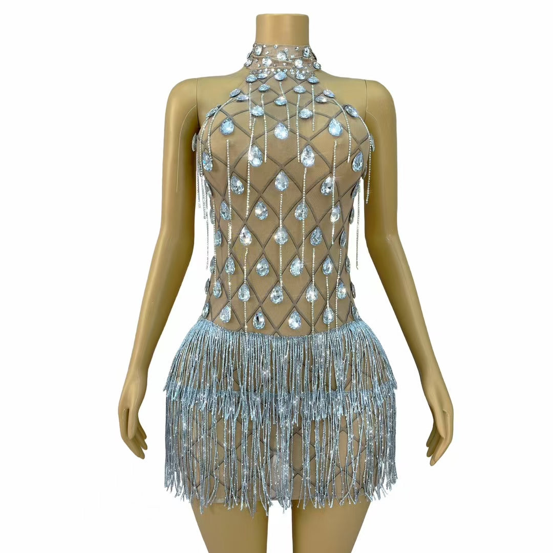 CELESINYI Lingshuo Crystal Fringe Mini Dress