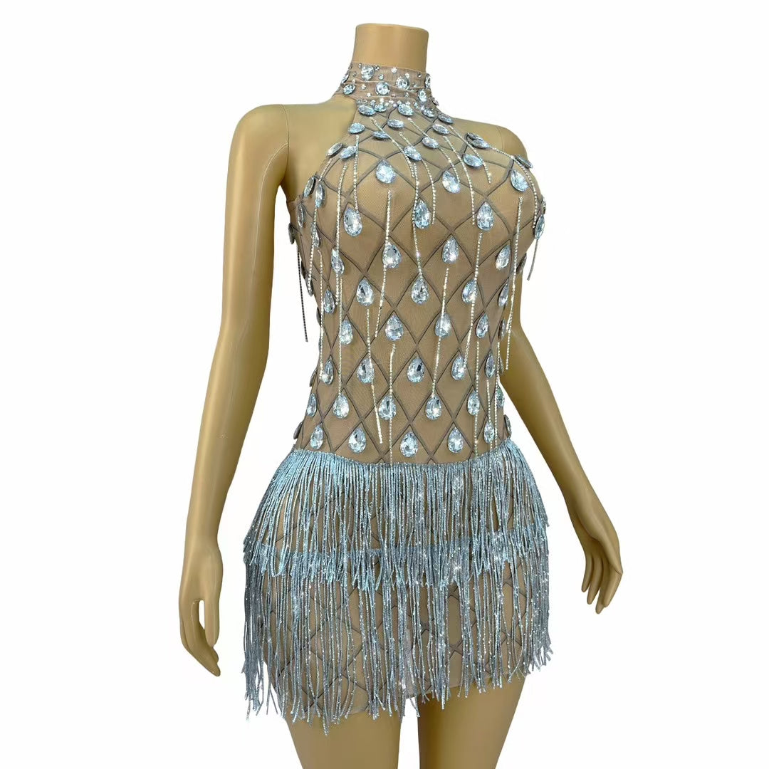 CELESINYI Lingshuo Crystal Fringe Mini Dress