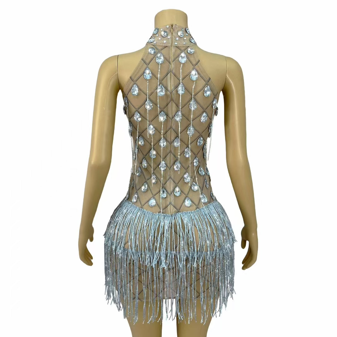 CELESINYI Lingshuo Crystal Fringe Mini Dress