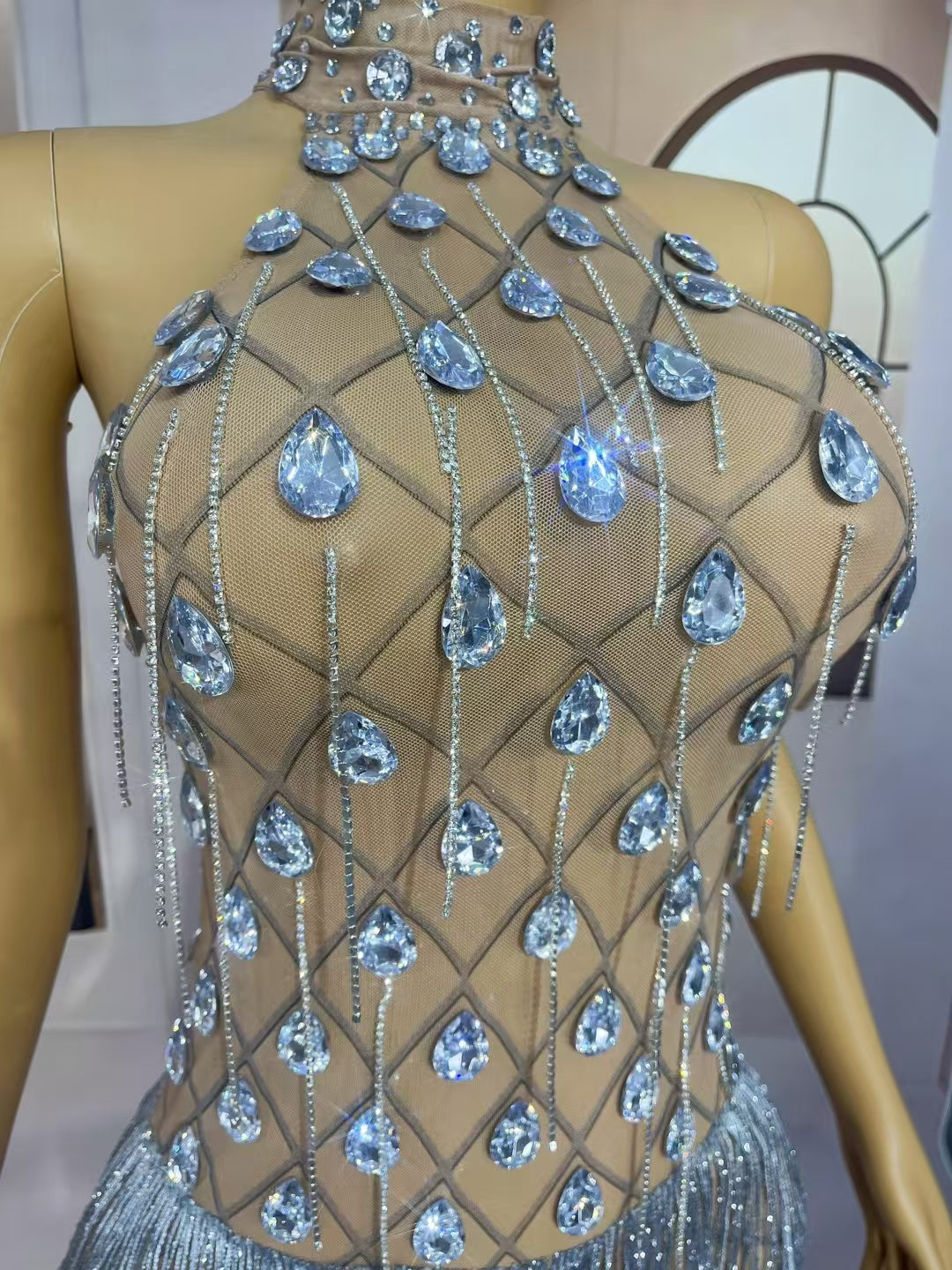 CELESINYI Lingshuo Crystal Fringe Mini Dress