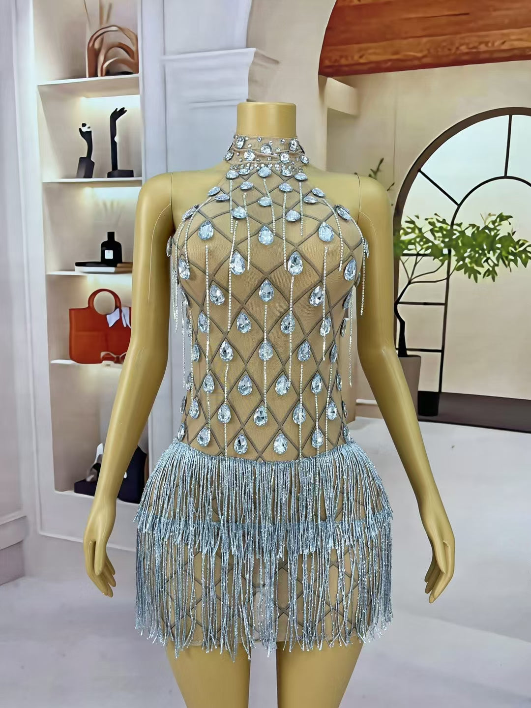 CELESINYI Lingshuo Crystal Fringe Mini Dress