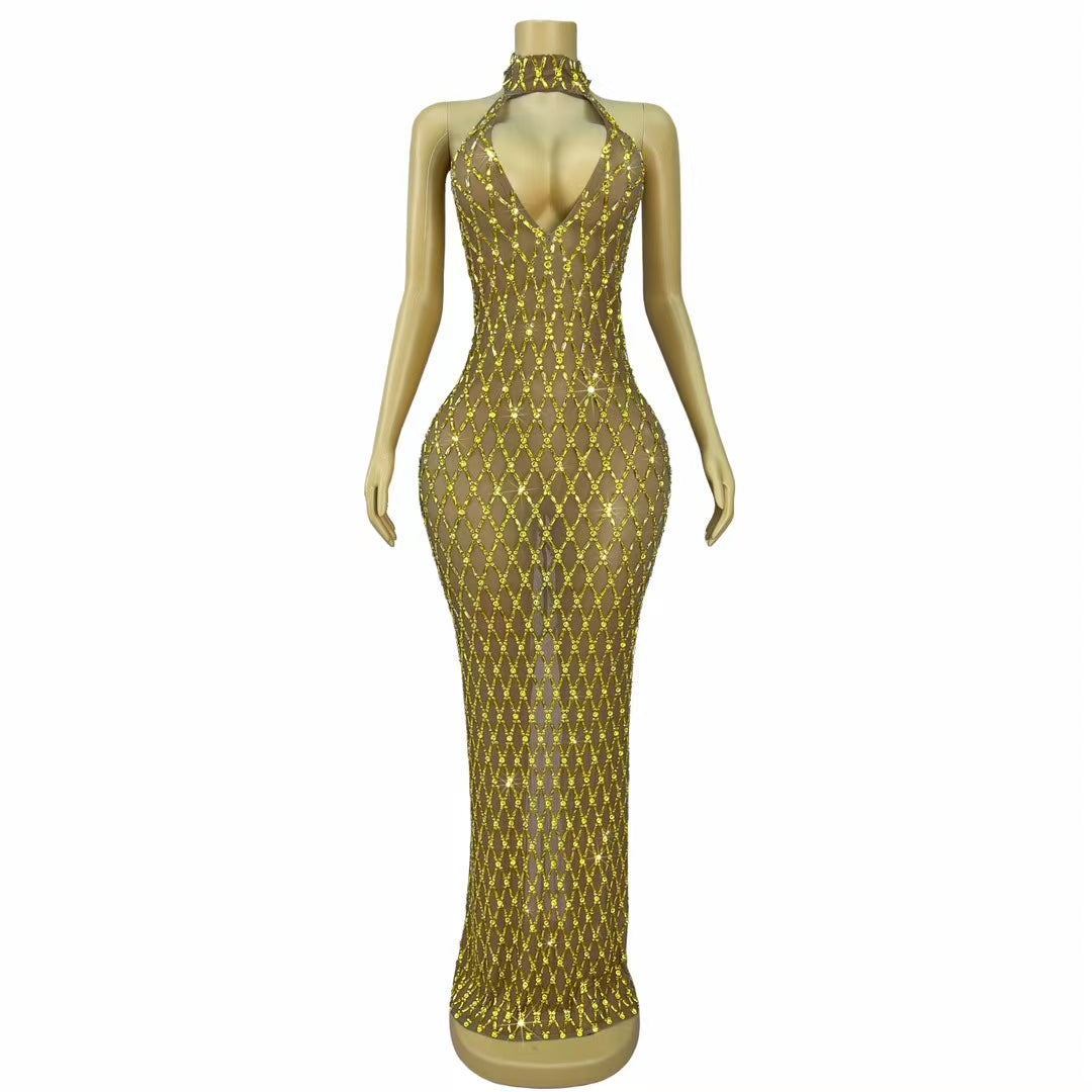 CELESINYI Jianjiao Crystal Gold Grid Gown