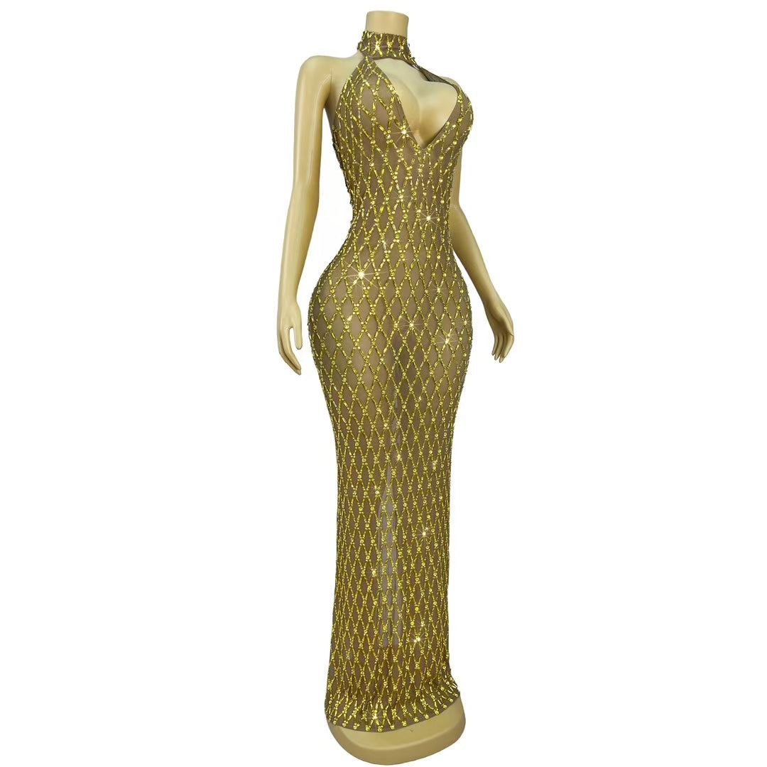 CELESINYI Jianjiao Crystal Gold Grid Gown
