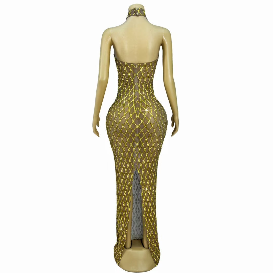 CELESINYI Jianjiao Crystal Gold Grid Gown