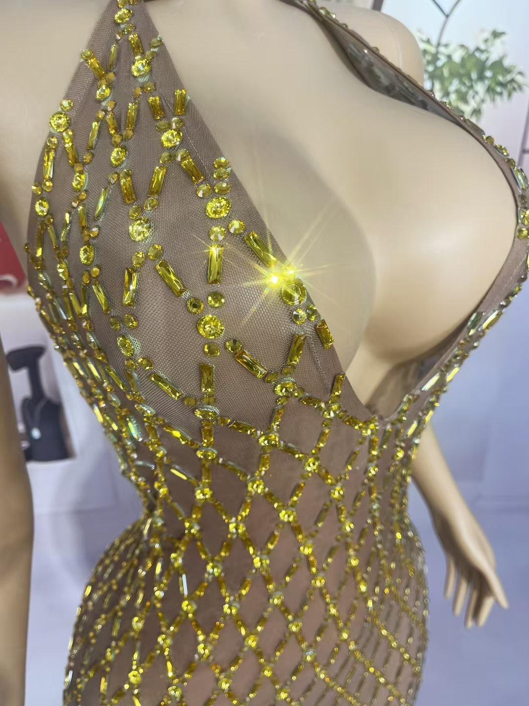 CELESINYI Jianjiao Crystal Gold Grid Gown