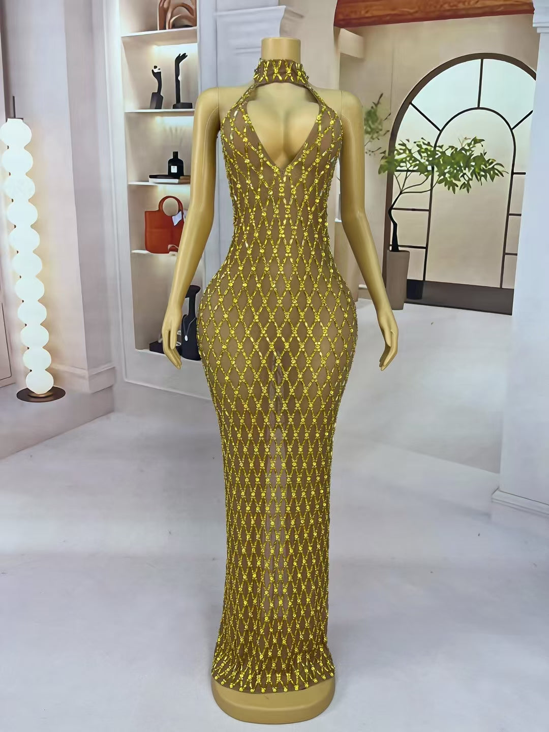 CELESINYI Jianjiao Crystal Gold Grid Gown