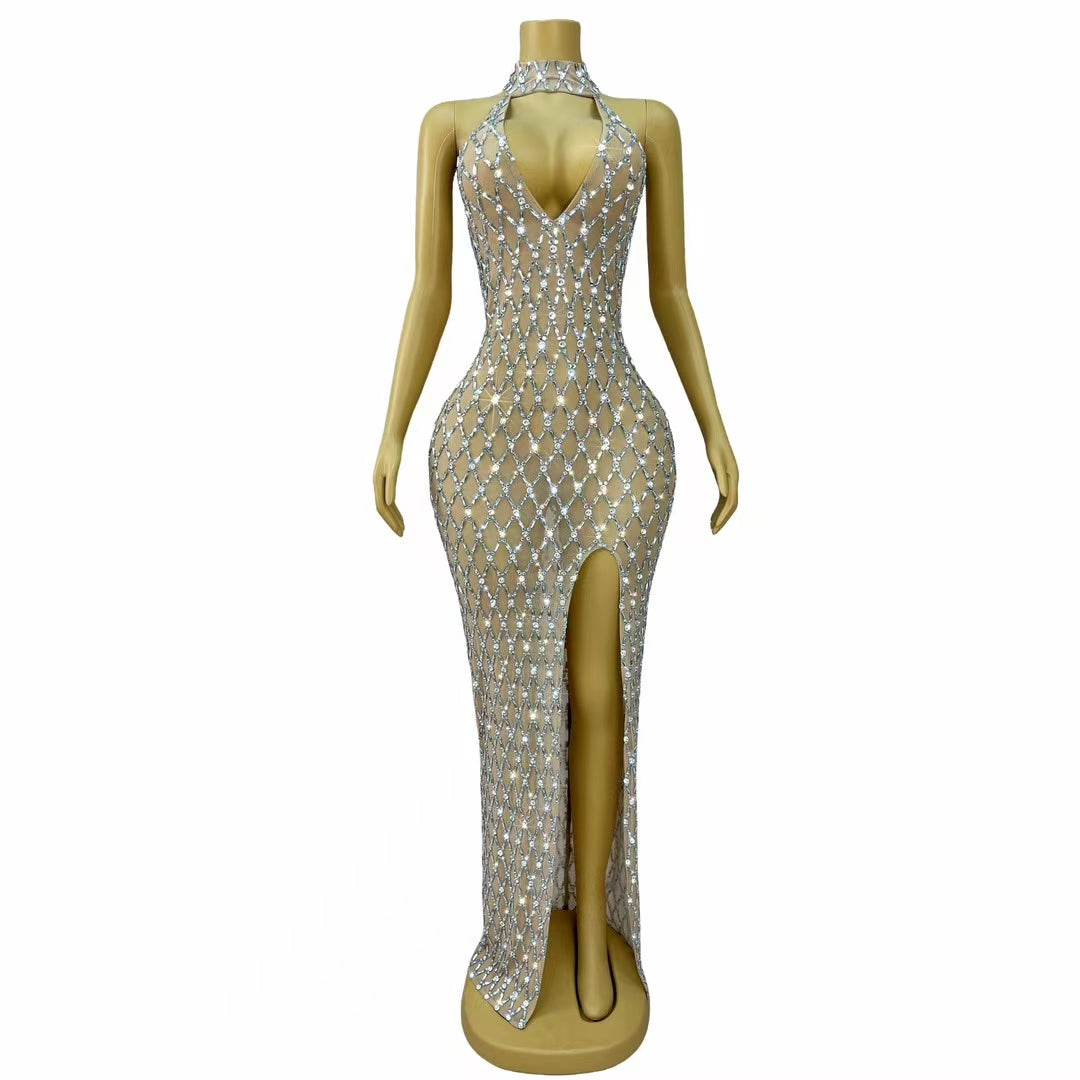 CELESINYI Jianjiao Crystal Silver Grid Gown