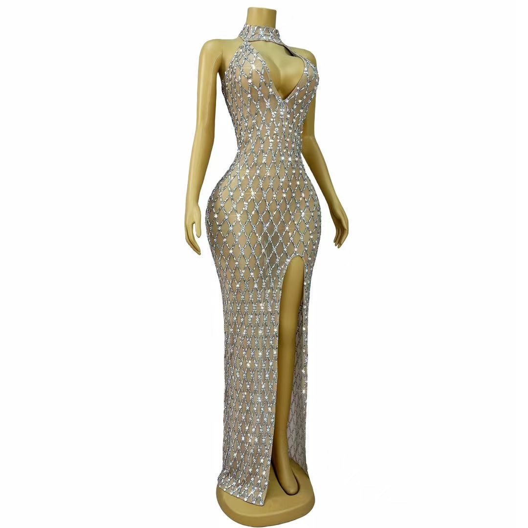 CELESINYI Jianjiao Crystal Silver Grid Gown