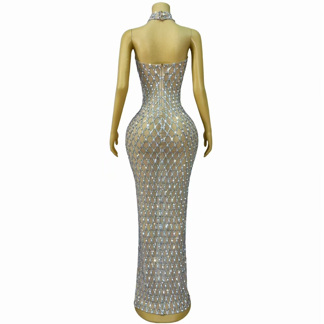CELESINYI Jianjiao Crystal Silver Grid Gown